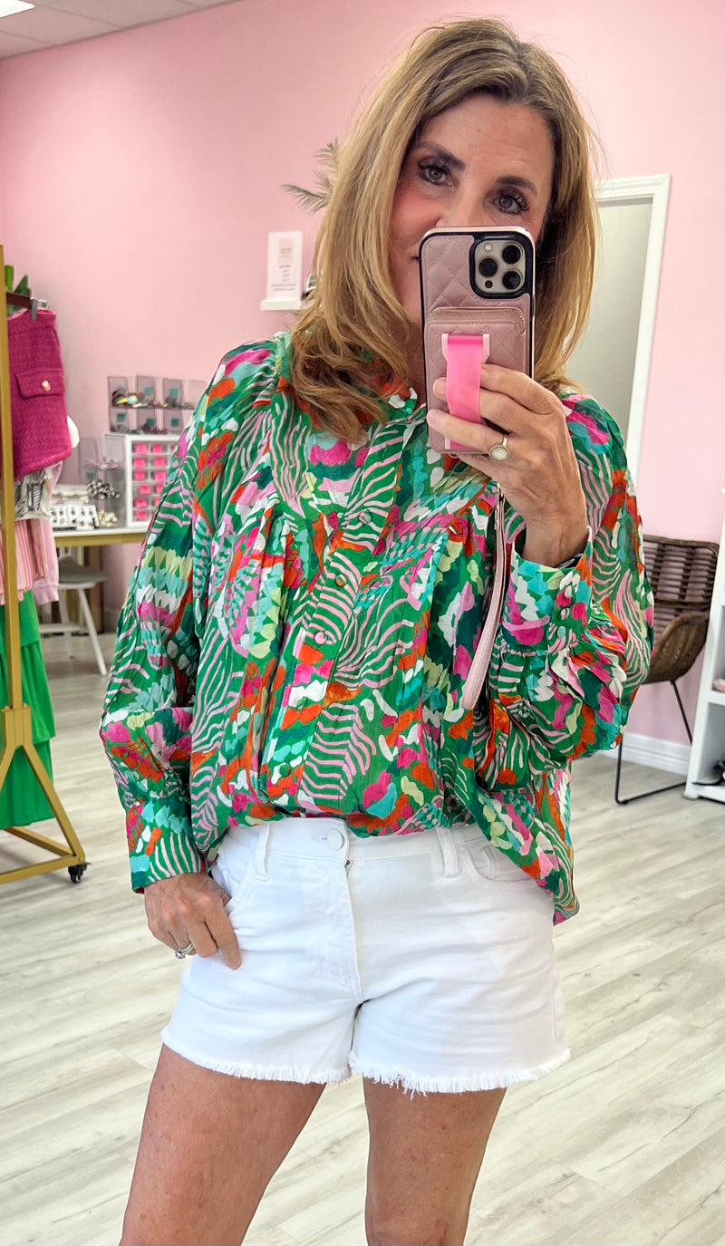 Green Patterned Bubble Sleeve Blouse