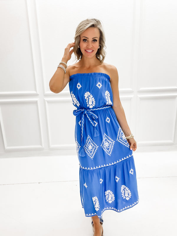 Blue Embroidered Strapless Dress