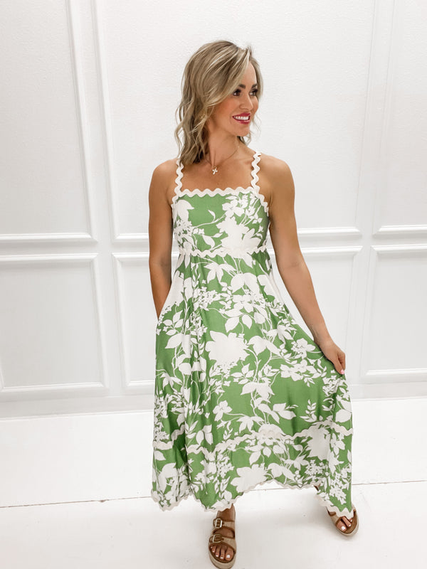 Sage Floral Print Midi Dress