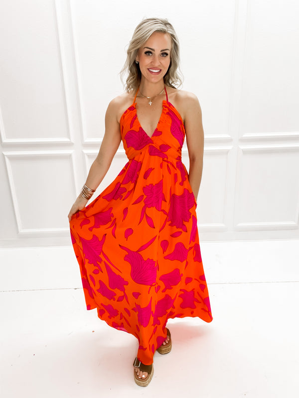 Orange/Pink Halter Maxi Dress