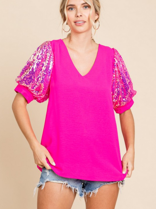 Solid Puff Sleeves Top w/ Sequins