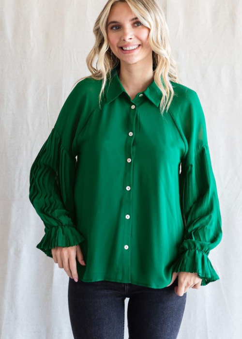 Solid Chiffon Pleated Poet Sleeves Top