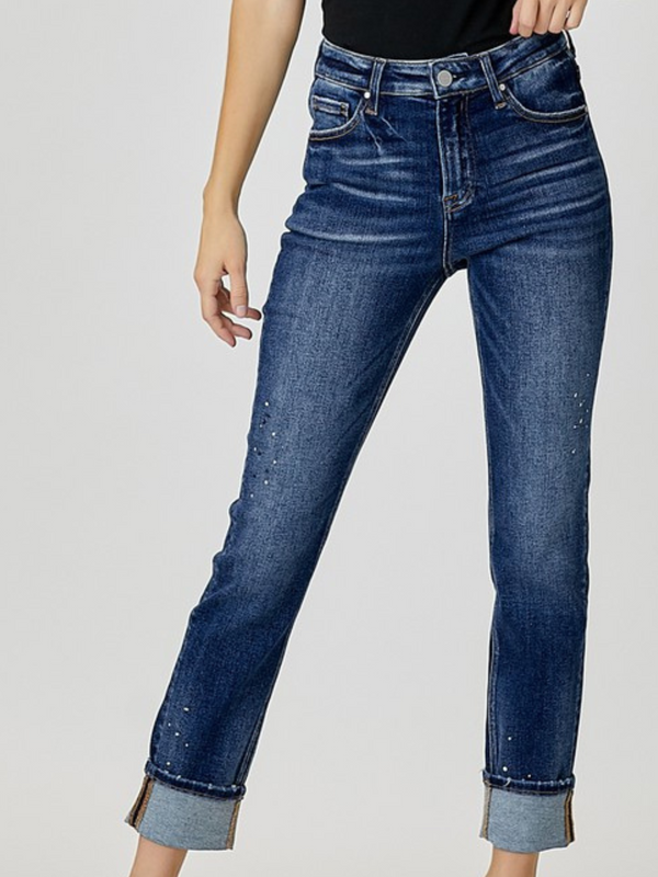 Risen Mid Rise Paint Splashed Cuff Straight Jean