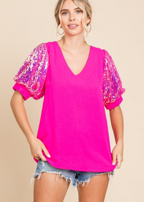 Solid Puff Sleeves Top w/ Sequins
