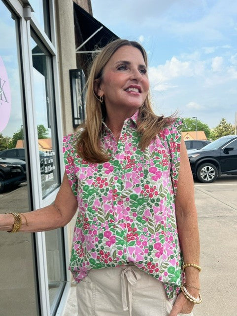 Pink Floral Collared Top